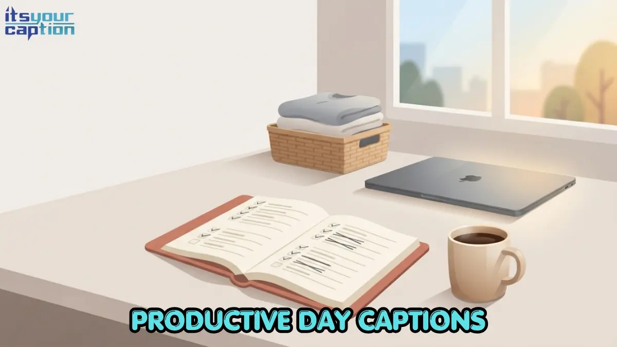 Illustrated desk scene with a checked-off planner, coffee cup, and folded laundry basket representing a productive day