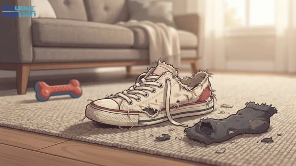 Editorial vector illustration of a chewed sneaker and torn sock scattered on a living room floor