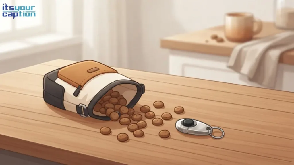 Editorial vector illustration of an overflowing treat pouch and scattered training treats on a table