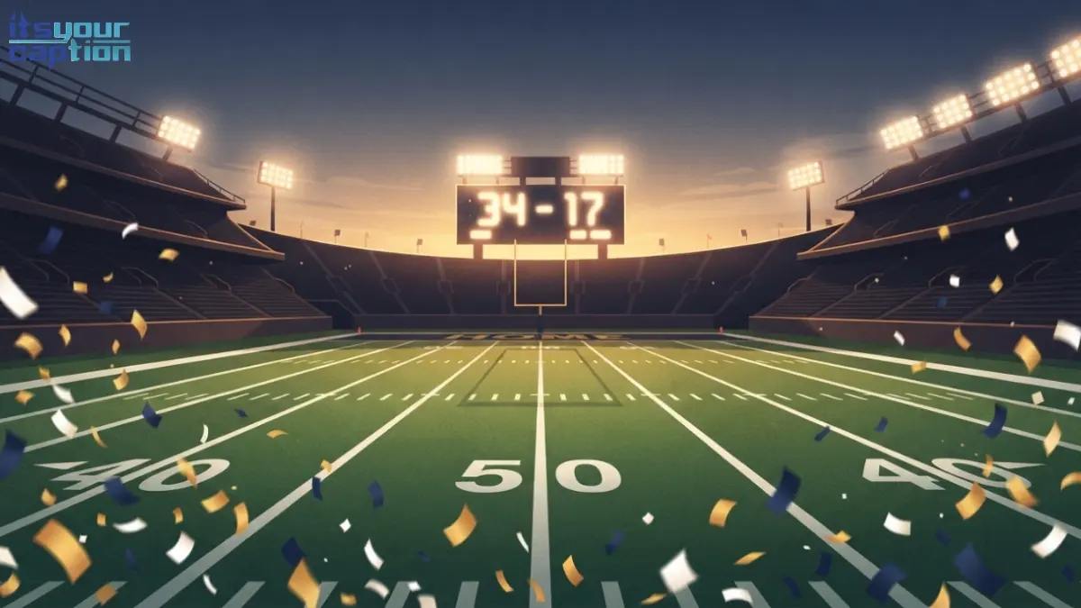 Illustrated game day win captions scene with confetti falling and a lit scoreboard showing a home team lead