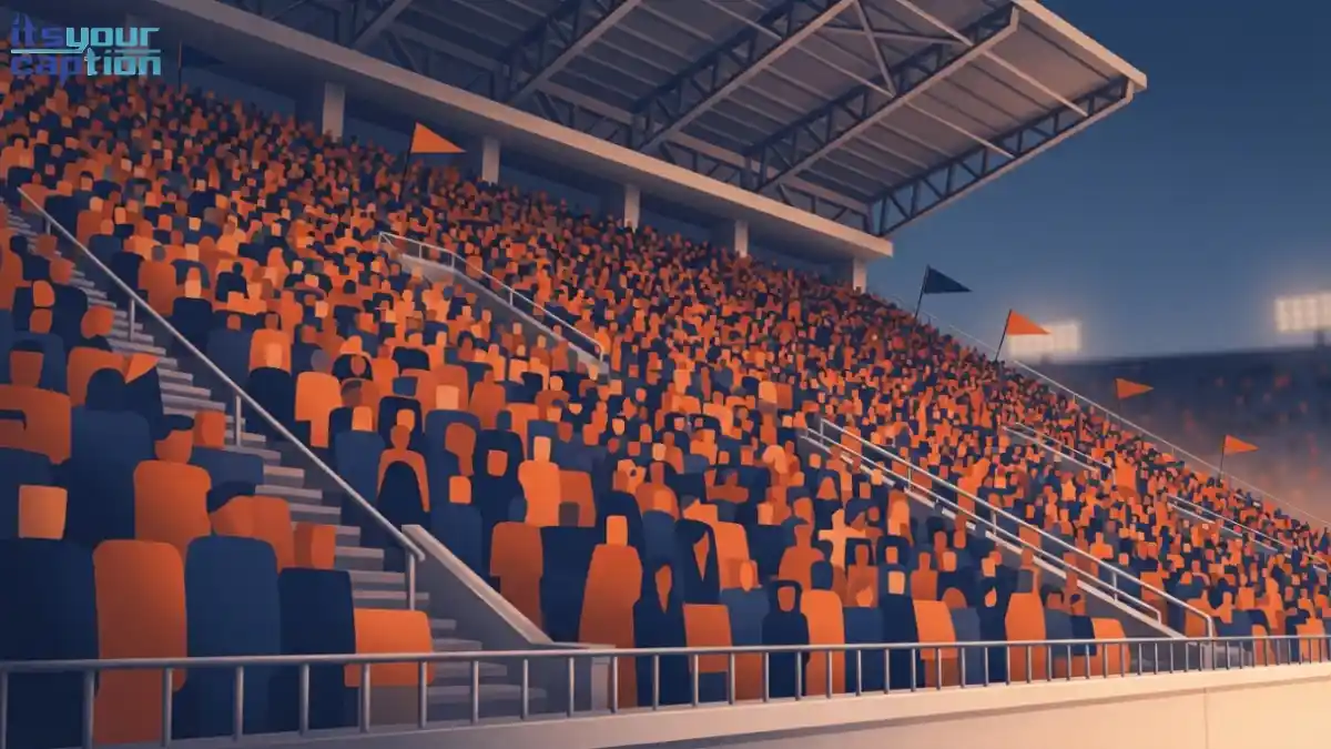 Illustrated student section scene for game day captions, showing a packed stadium bleacher block in school colors
