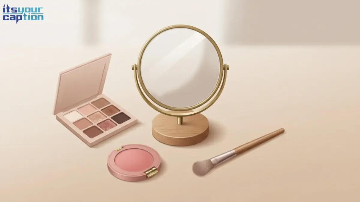 Illustrated neutral-toned makeup palette and small mirror on a vanity for simple makeup caption ideas