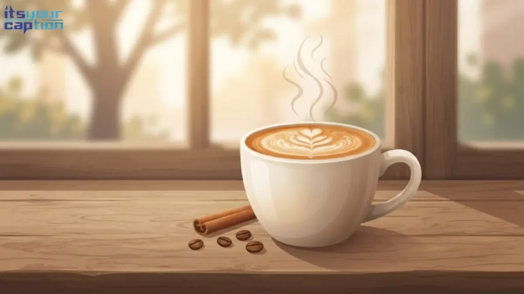 Illustrated ceramic latte mug with foam art and steam on a café windowsill for vanilla latte caption ideas