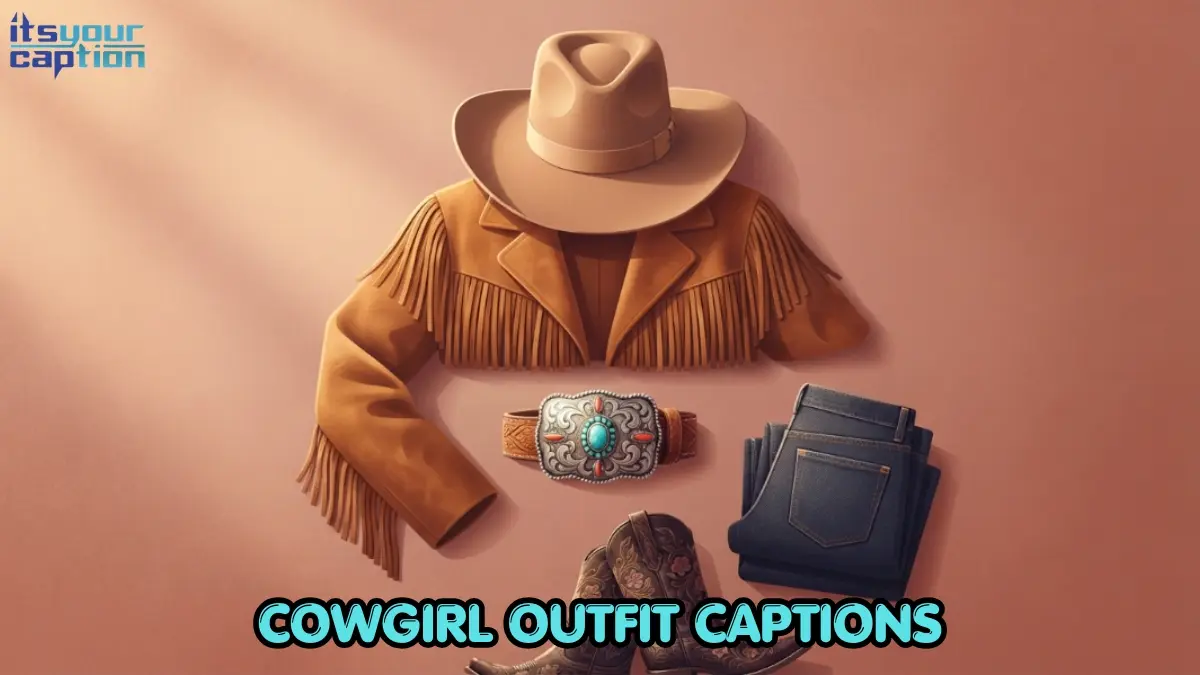 Wide-brim cowgirl hat, fringe jacket, and denim laid out as a complete western outfit