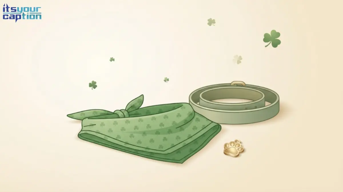 Illustrated green pet bandana and paw-print charm styled for St. Patrick's Day pet captions