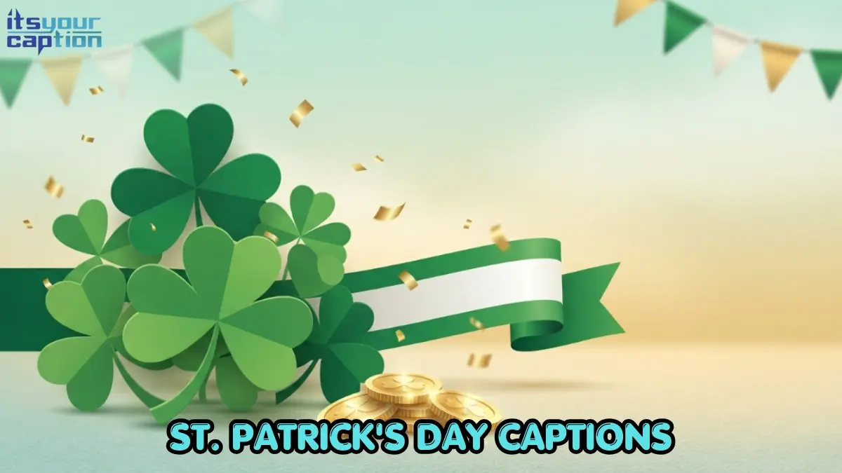 Green and gold editorial illustration with shamrocks, a parade banner, and confetti representing St. Patrick's Day captions
