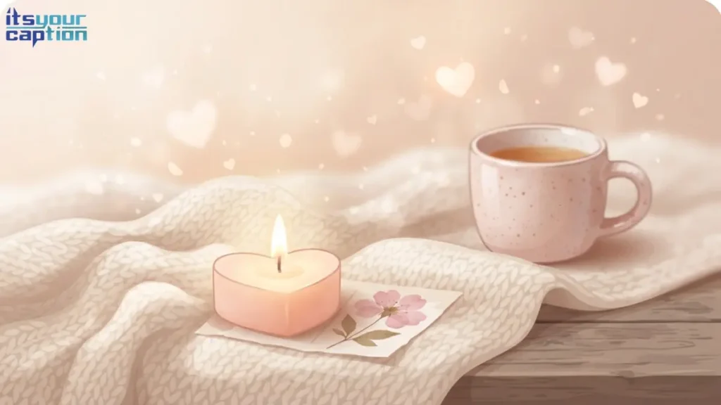 A soft pastel scene with a small heart-shaped candle, a cozy knit blanket, and warm light, representing cute flirty captions