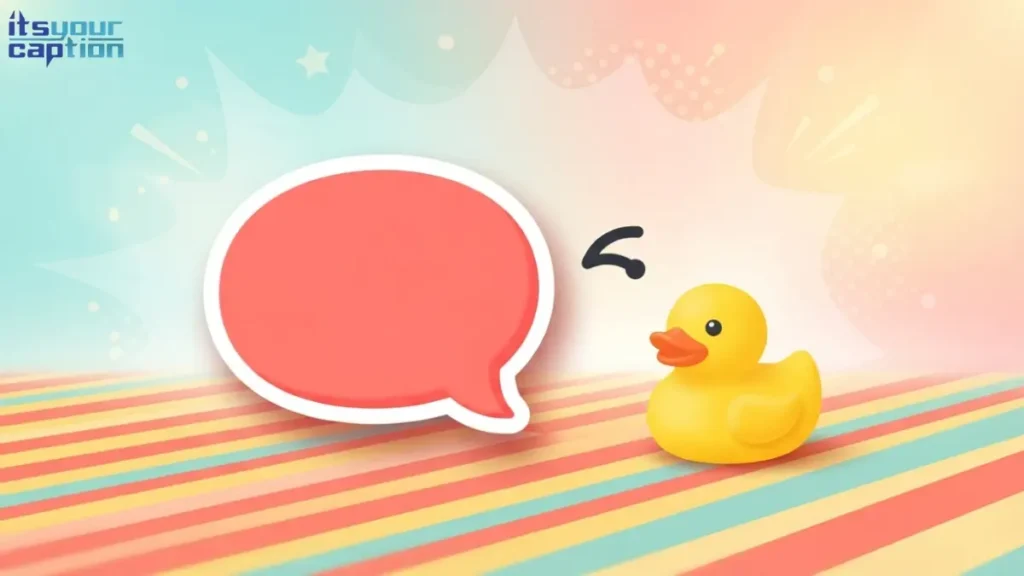 A comic-style speech bubble shape with a small wink symbol beside a rubber duck, representing funny flirty captions
