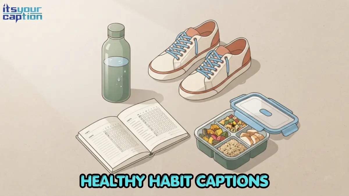 Flat-lay illustration of a water bottle, walking shoes, a meal-prep container, and a habit tracker journal arranged together, representing healthy daily habits