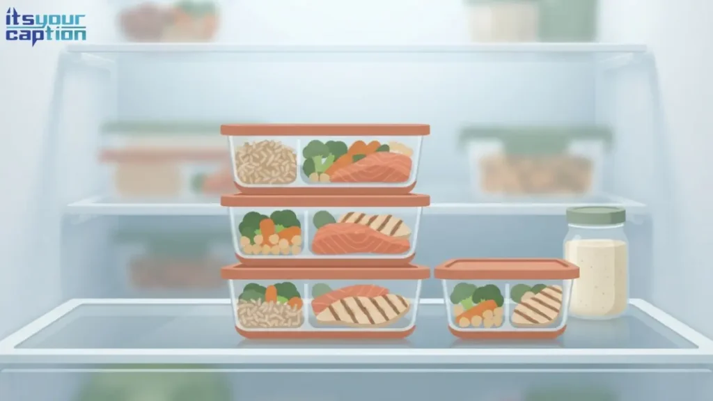 Illustration of meal-prep containers with divided compartments lined up inside an open refrigerator, representing a healthy habit built around weekly meal prep