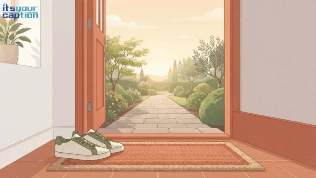 Illustration of walking sneakers by a front door with a tree-lined path visible outside, representing a healthy habit built around daily walking