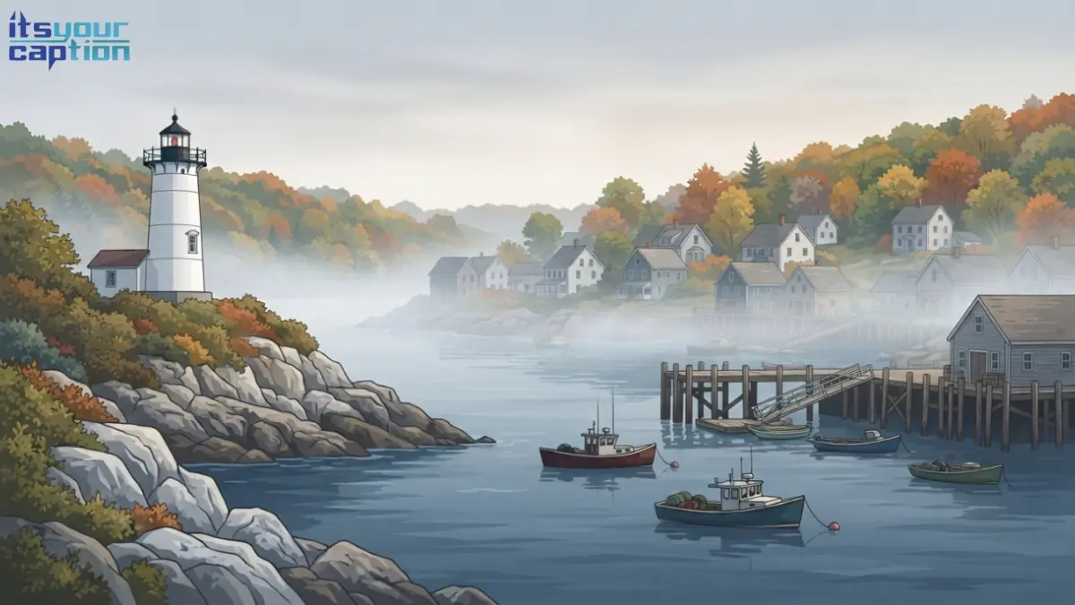 Foggy New England harbor town with a lighthouse and fishing boats framed by autumn-colored hillsides