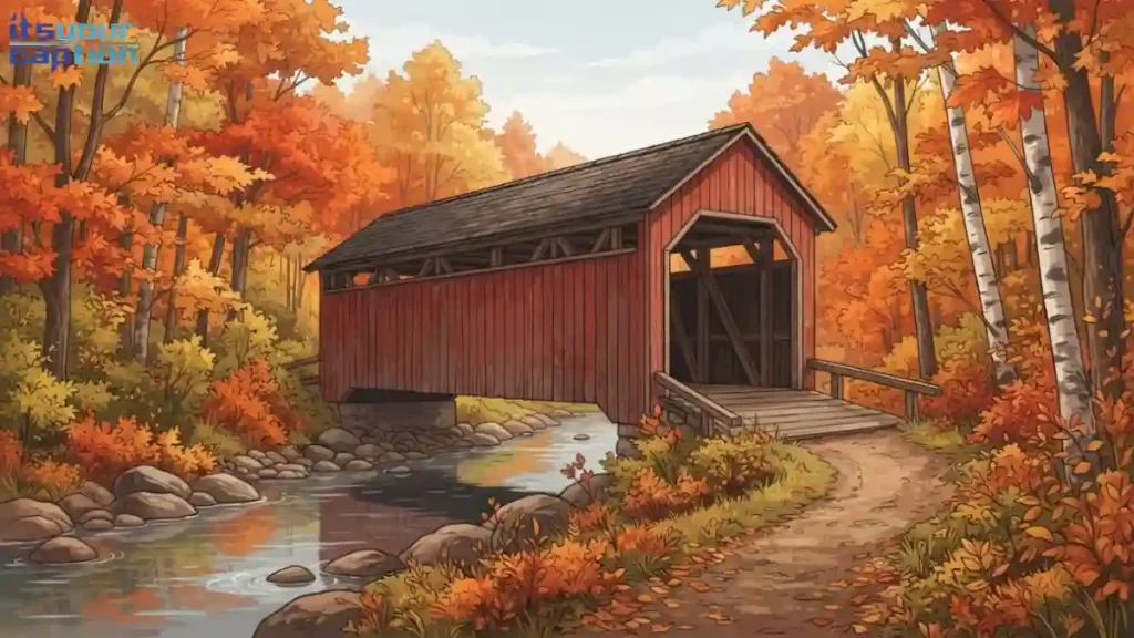 Historic red wooden covered bridge crossing a creek surrounded by New England fall foliage