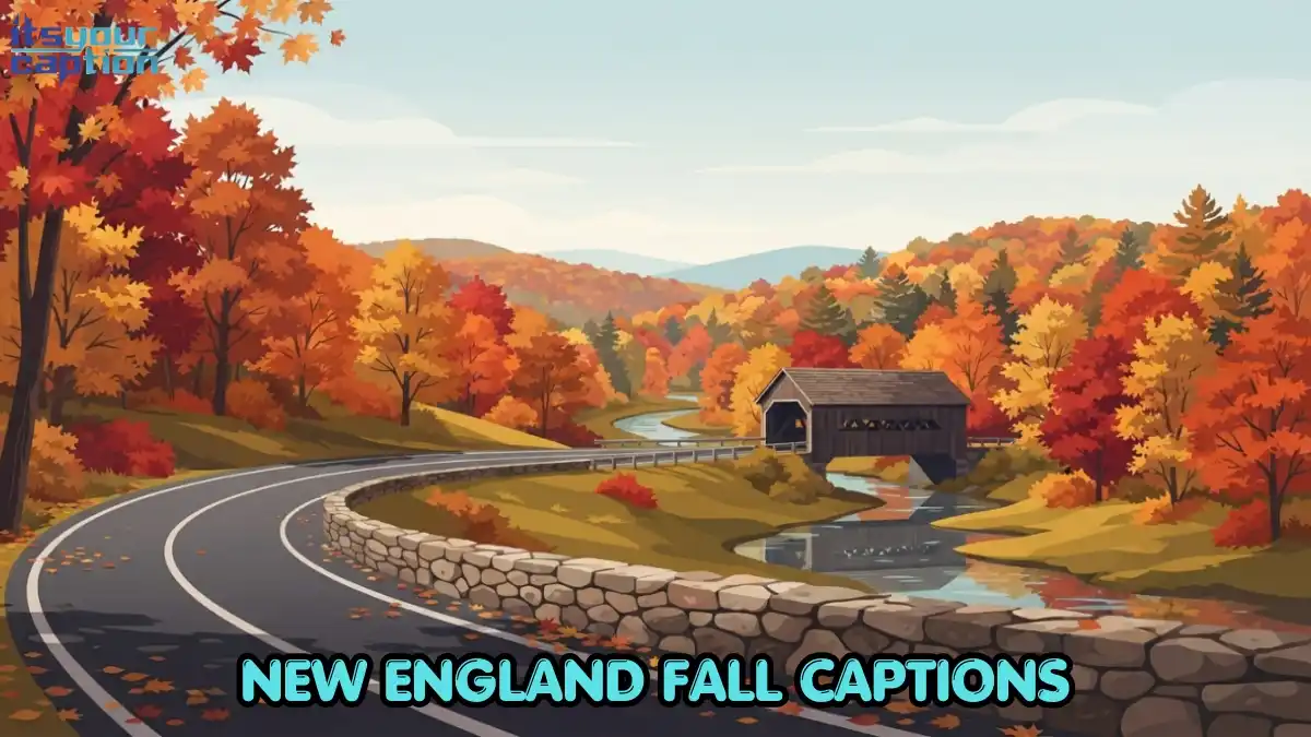 Winding New England road lined with peak autumn foliage, leading toward a distant covered bridge and rolling hills