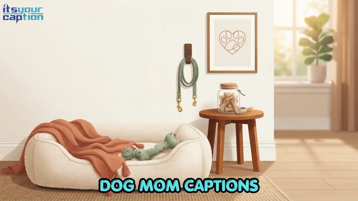 Cozy living room scene with a dog bed, leash, and framed paw print art representing dog mom captions