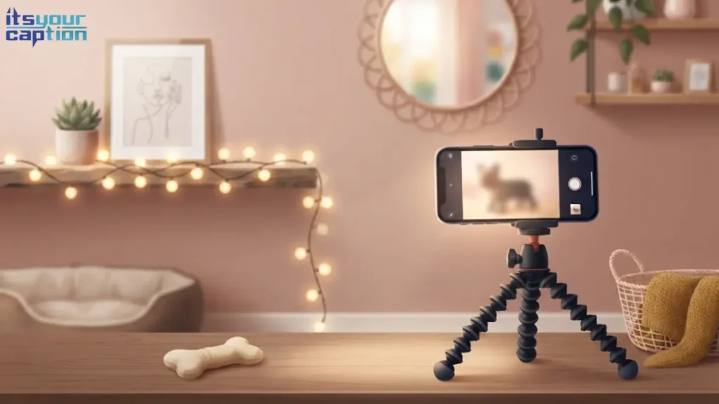 Illustrated smartphone propped on a tripod facing a dog bed and toys, symbolizing dog mom selfie moments