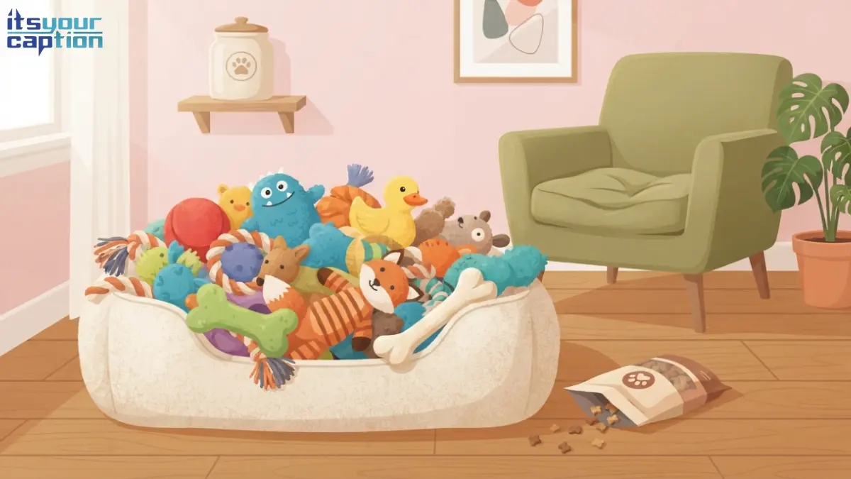 Illustrated dog bed overflowing with toys and treats next to an empty human chair, symbolizing a spoiled dog mom lifestyle