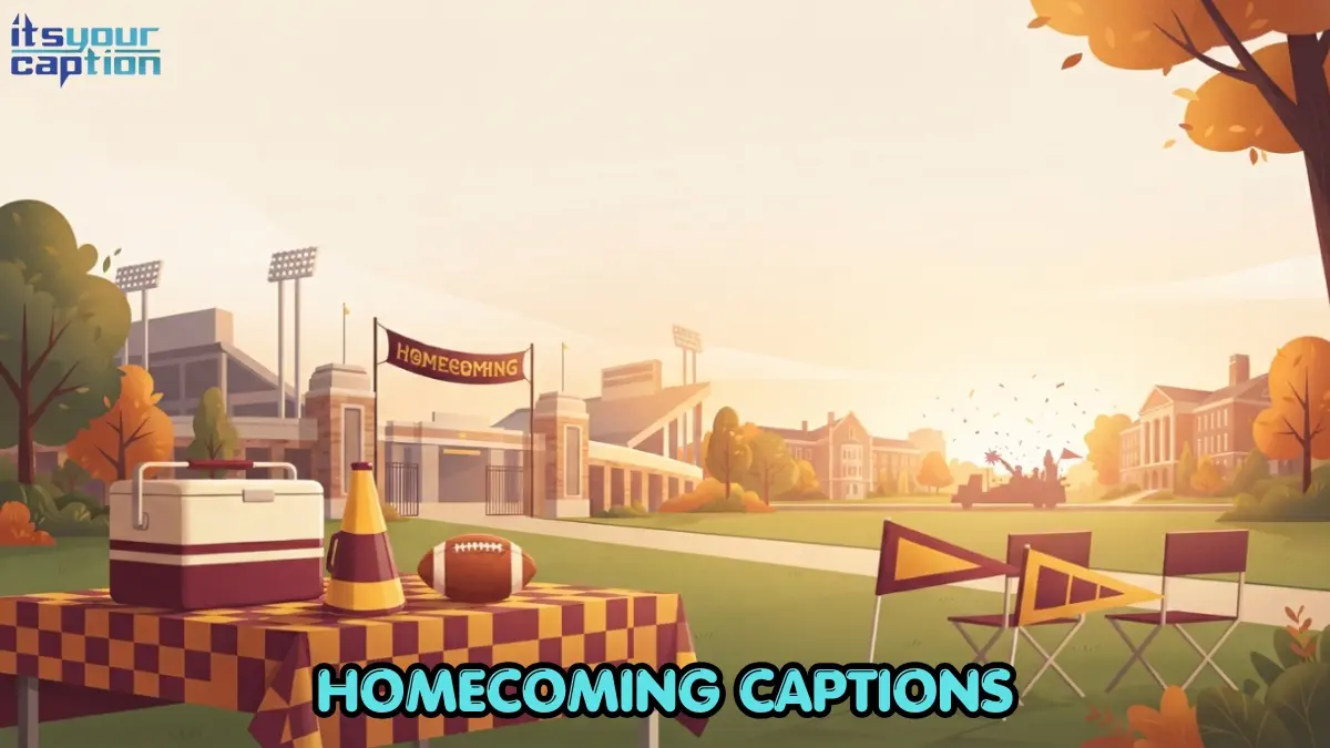 Illustrated college campus scene with a stadium, tailgate tent, and parade banners representing a full homecoming weekend