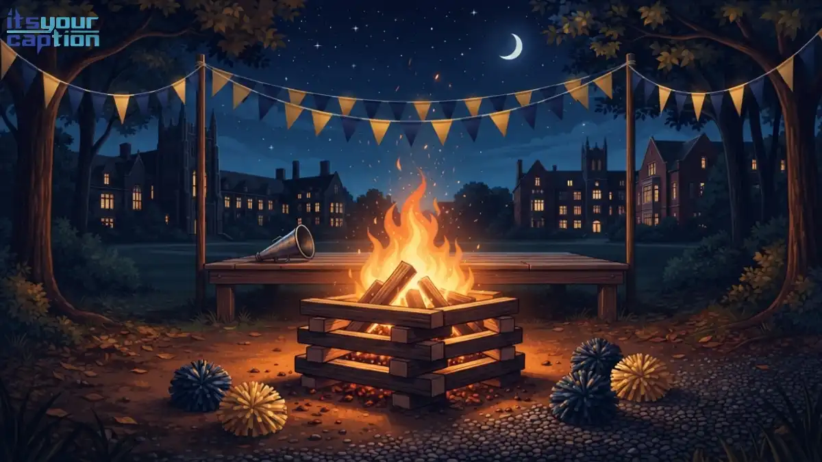 Illustrated campus bonfire and pep rally setup with parade banners for homecoming spirit week