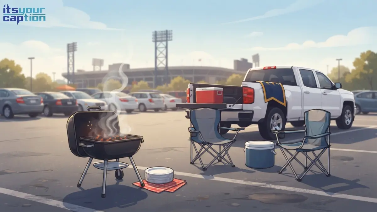 Illustrated tailgate setup with a grill, folding chairs, and school-colored gear in a college parking lot
