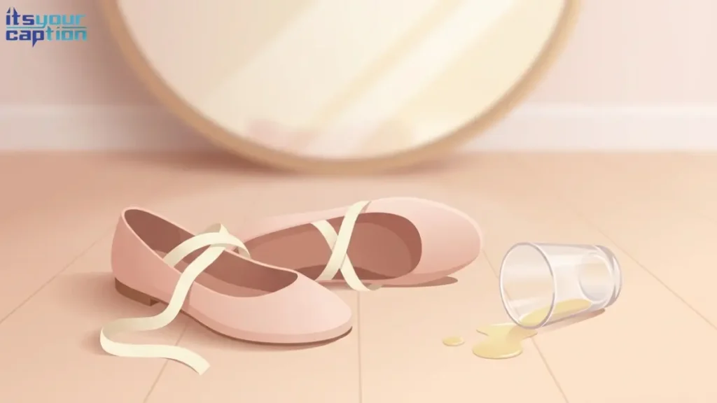 Ballet flats slightly askew beside a tipped-over water glass, a playful contrast scene