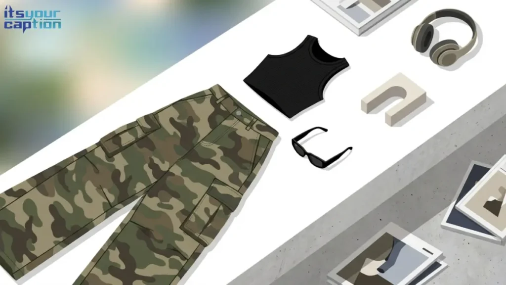 Illustration highlighting the contrast between heavily oversized cargo pants and a tiny fitted crop top.