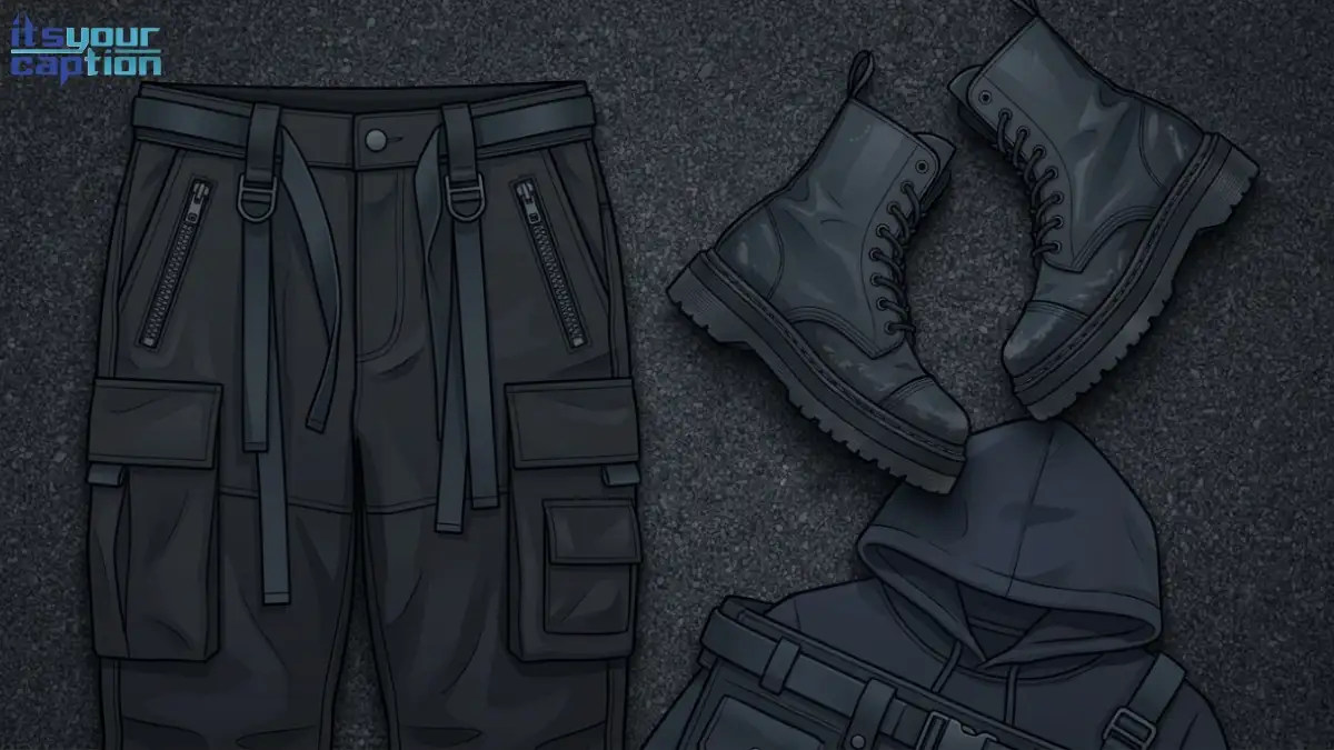 Illustration of dark tactical cargo pants and heavy combat boots in a moody urban setting.