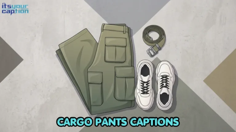 Illustration of oversized olive green cargo pants and chunky sneakers lying on a polished concrete surface.