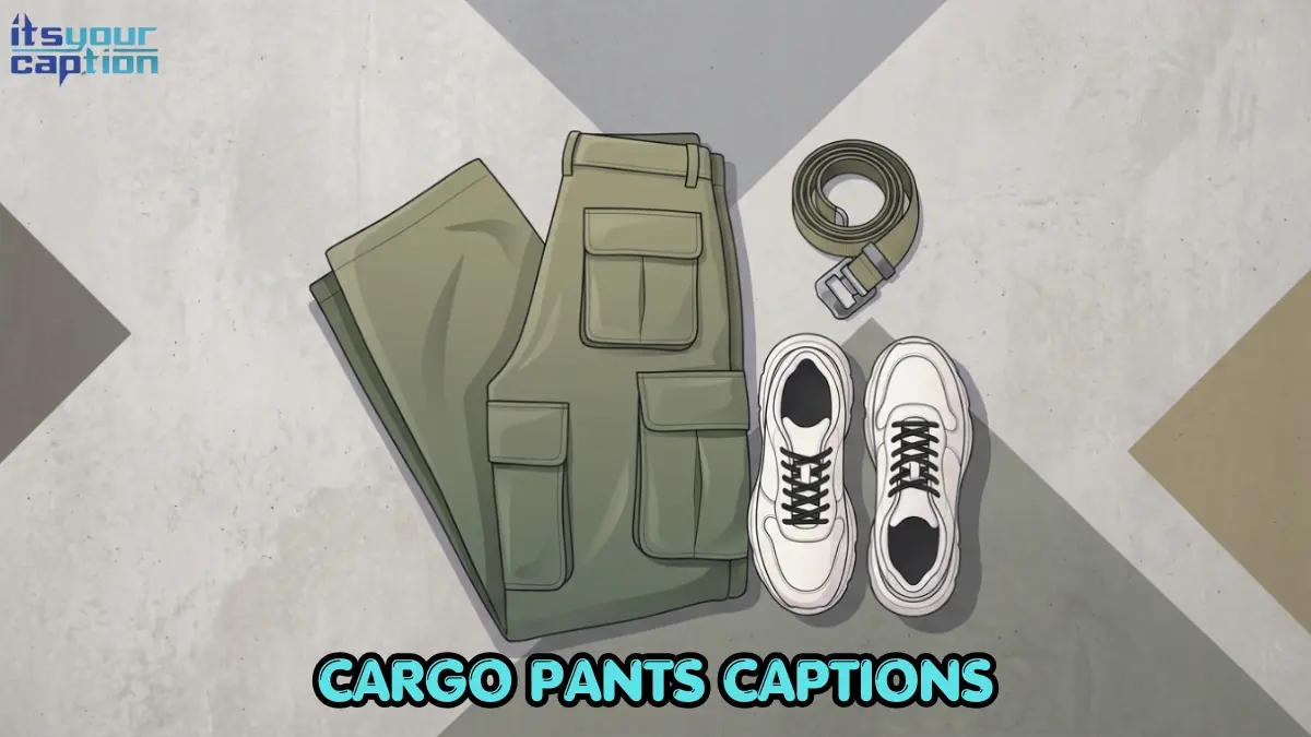Illustration of oversized olive green cargo pants and chunky sneakers lying on a polished concrete surface.