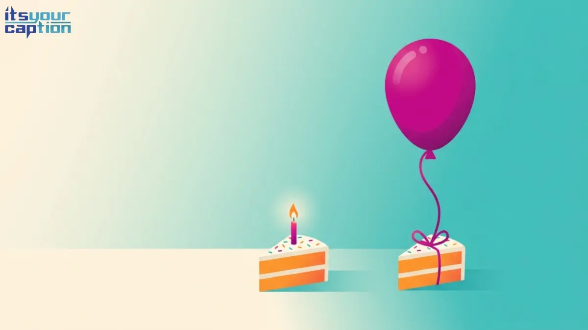 A minimalist setup of one bright balloon and a single slice of cake on a clean background.