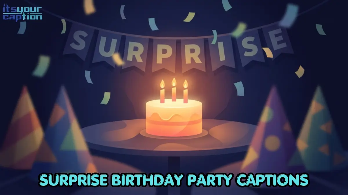 Modern vector illustration of a darkened room with a glowing birthday cake and hidden party hats ready for a surprise.