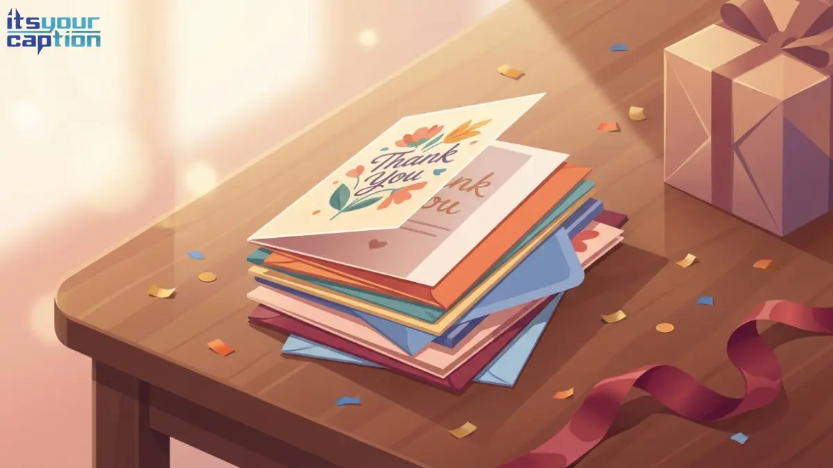 A neat stack of handwritten thank you notes next to scattered confetti and a wrapped present.