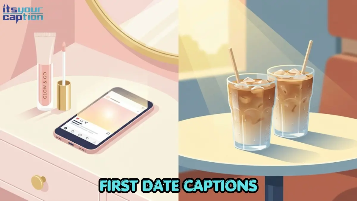 A split scene showing a makeup vanity on one side and a cafe table with two lattes on the other, representing first date captions for Instagram.