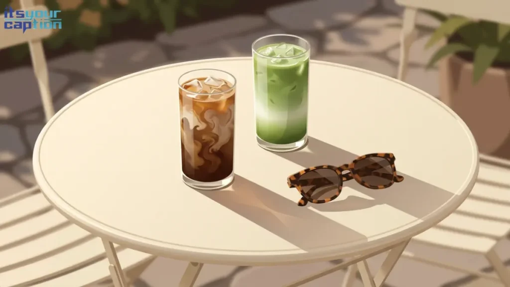 Two iced drinks sitting on a round bistro table in the afternoon sun.