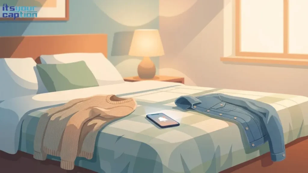 A smartphone resting on a messy bed covered in discarded outfit choices.