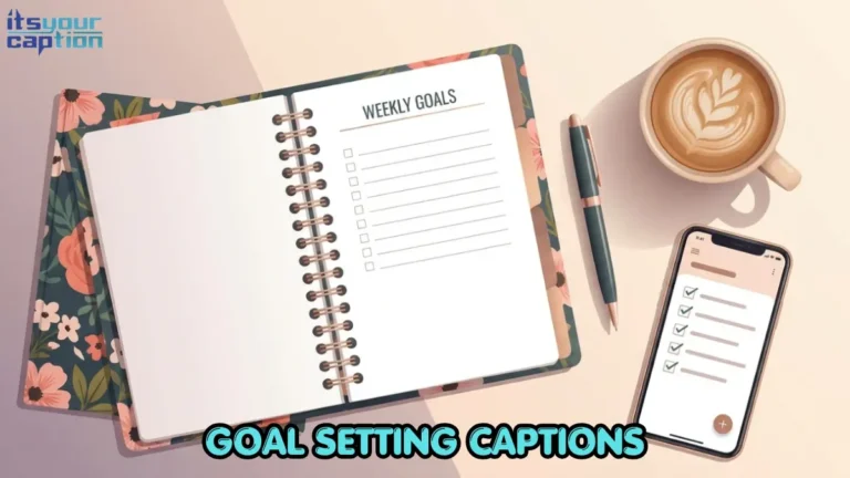 An organized desk with a planner and coffee representing goal setting captions