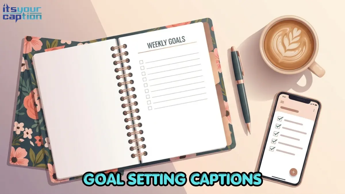 An organized desk with a planner and coffee representing goal setting captions