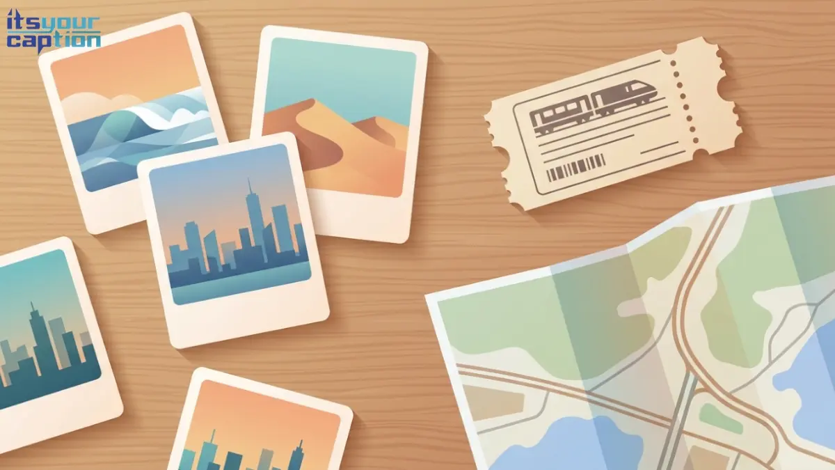 Scattered printed photos showing European landmarks, a train ticket, and a map on a wooden desk.
