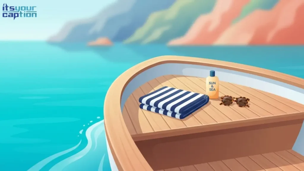 A striped beach towel and a sun hat on the wooden deck of a boat looking out over blue coastal water.