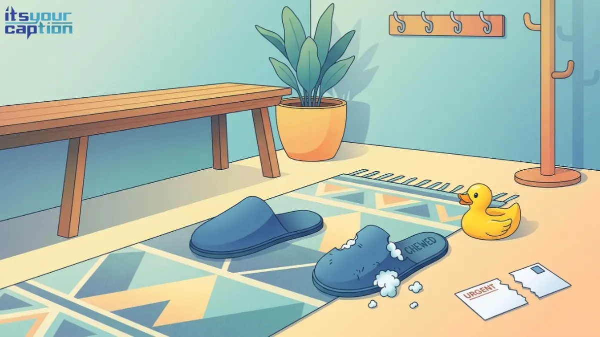 A chaotic entryway showing a chewed men's slipper and a ripped envelope, highlighting the humor in dog father captions.