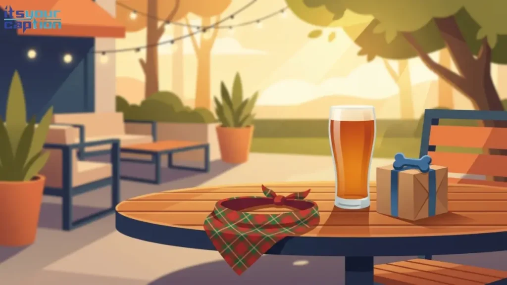  A patio table with a craft beer and a dog bandana celebrating Father's Day for dog dads.