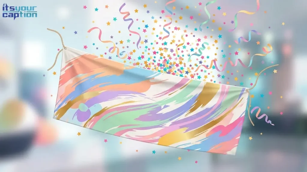A brightly painted canvas drop-banner suspended in the air, symbolizing the moment of unmasking during a big little reveal.