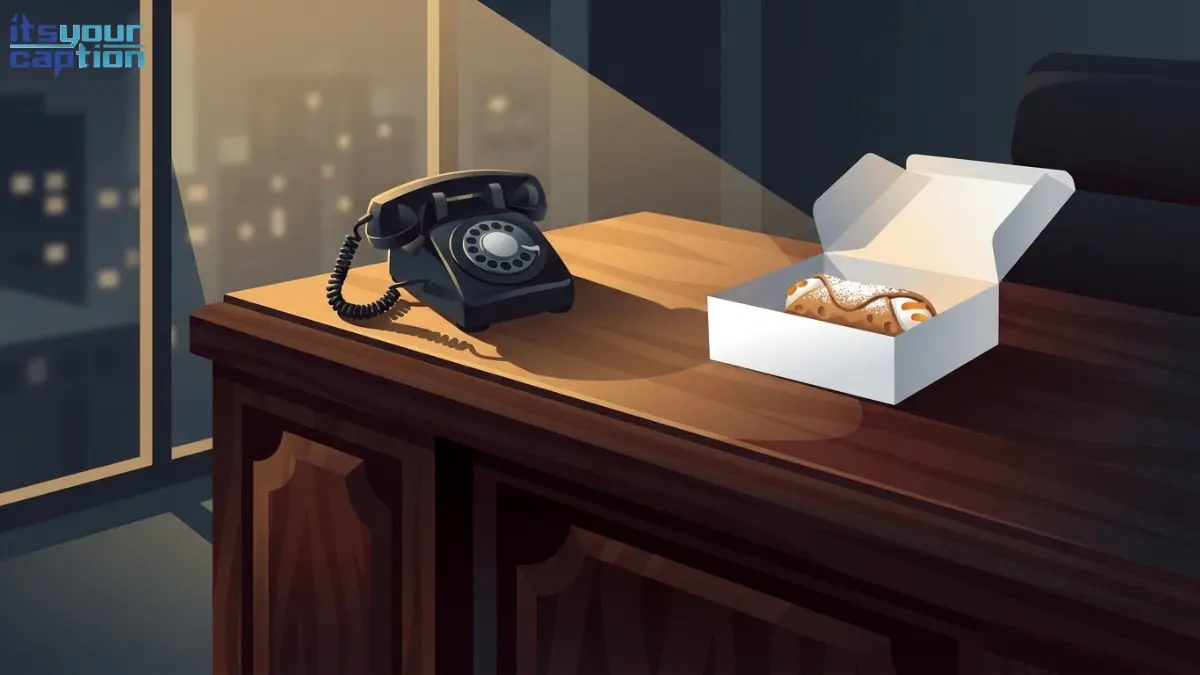 A vintage rotary phone and a box of cannoli sitting on a dark mahogany desk under dramatic lighting.