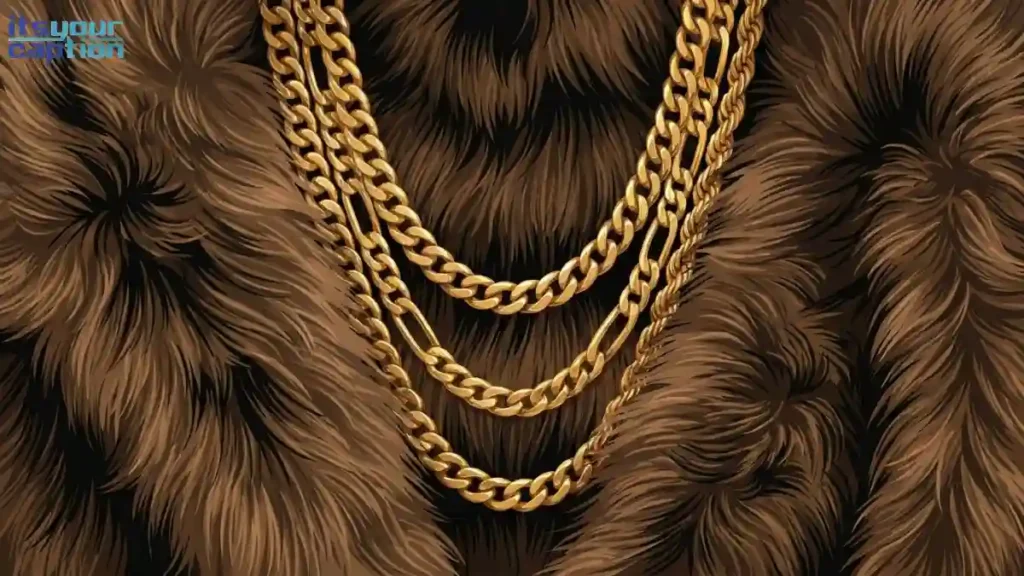 Thick chunky gold chains resting against a soft, voluminous faux fur texture.