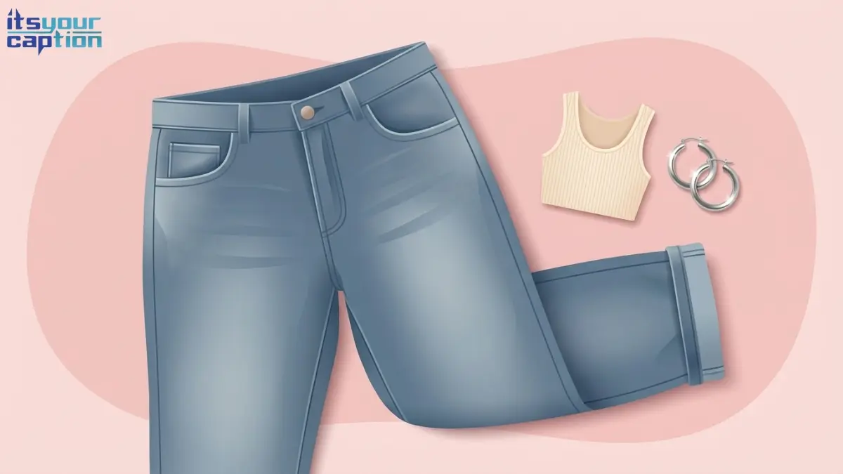 Y2K aesthetic objects including oversized jeans, a retro flip phone, and a tiny crop top