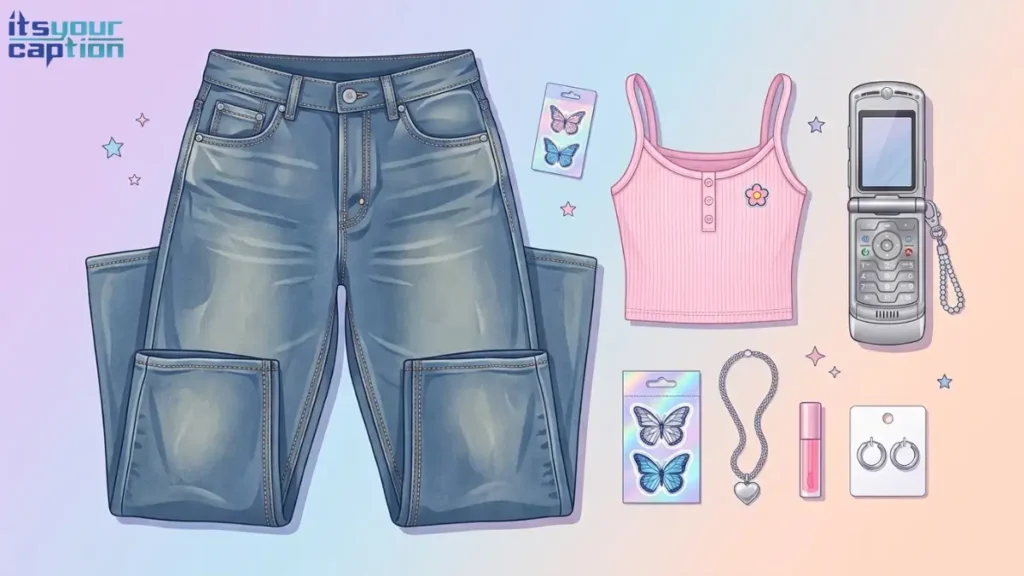 Y2K aesthetic objects including oversized jeans, a retro flip phone, and a tiny crop top