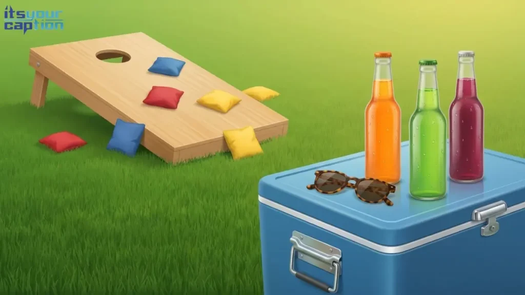 Modern editorial illustration of a wooden cornhole board on a green lawn with cold drinks resting on a nearby cooler.