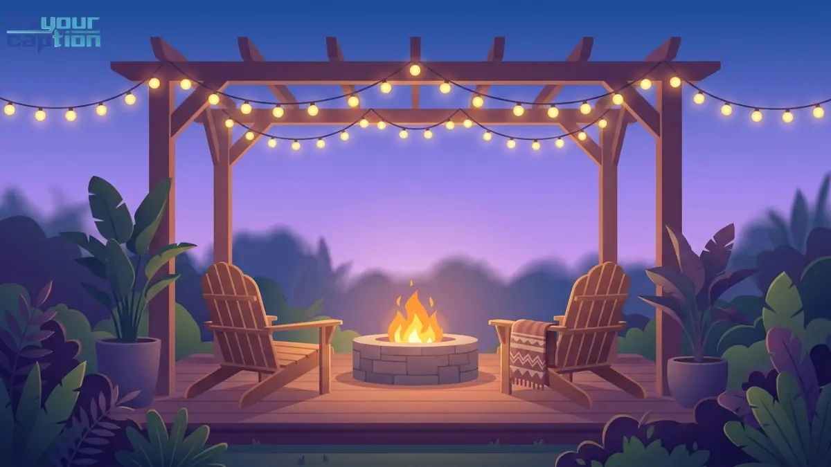 Modern editorial illustration of a backyard patio glowing at twilight with string lights and a small fire pit.