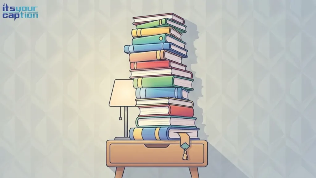 A comically tall and slightly leaning tower of unread books resting on a nightstand.