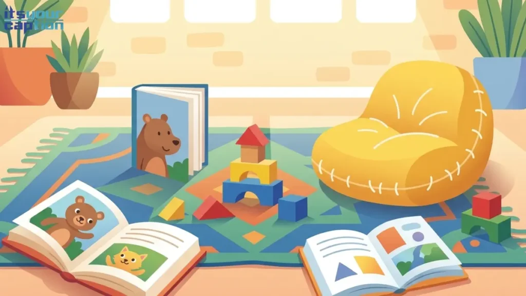 A vibrant playroom floor scattered with colorful open picture books, building blocks, and a soft reading cushion.